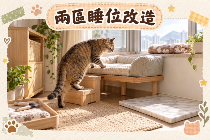 香港單位窗台下,一隻高齡虎斑貓沿住矮凳同腳踏走上離地床墊,旁邊放住雲石墊、保暖墊同爪剪