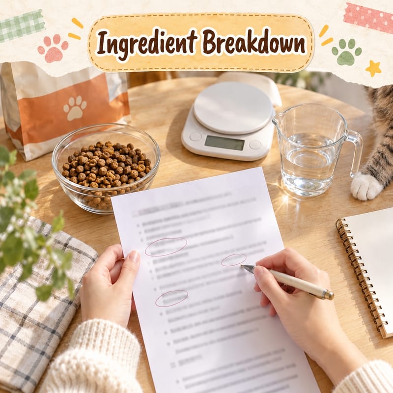 Owner spreading out pet food packaging back panels and nutrition analysis sheets on a table, with a digital scale and notepaper nearby, circling protein, phosphorus and magnesium figures with a pen