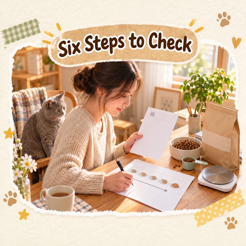 Owner sitting at a desk, holding vet records in one hand and filling in a food transition chart with the other, with a digital scale, measuring spoon and a bowl of prescription dry food on the table, and a closed bag nearby