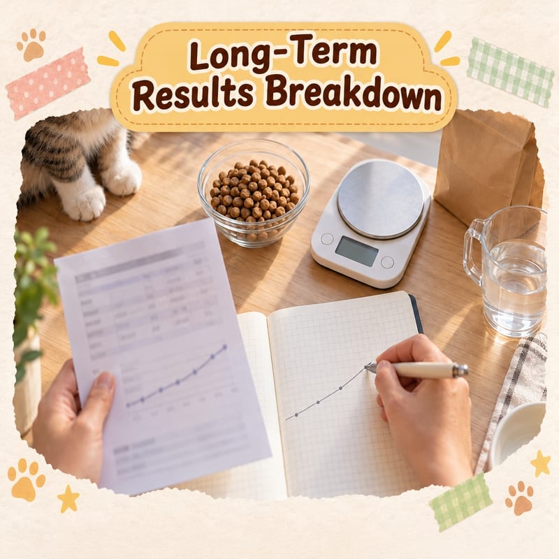 Owner at a desk spreading out the back panel of an unlabelled bag of cat dry food and a blood test report, with a digital scale, measuring cup and a bowl of dry food nearby, drawing a trend line on a record sheet with a pen, a short-haired domestic cat sitting by the chair looking on