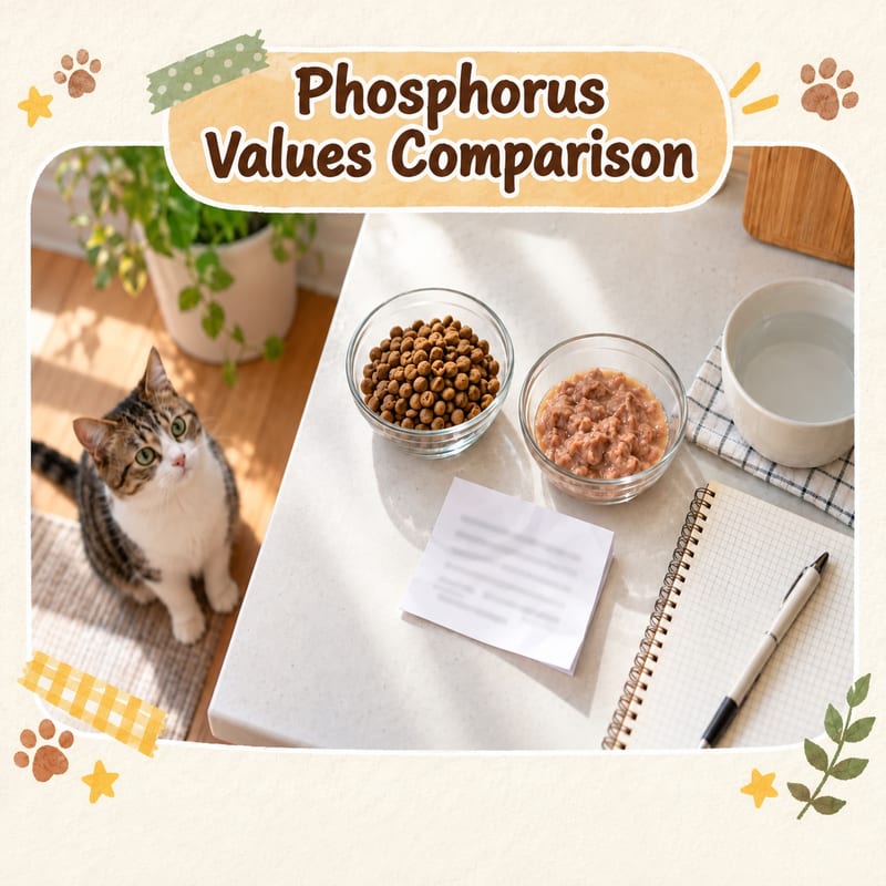 Owner using a glass bowl to divide dry food and wet food into two portions, with a handwritten record book, digital scale and water bowl nearby, urine clump record sheets for two litter trays on the light wood floor, daylight on a clean kitchen corner