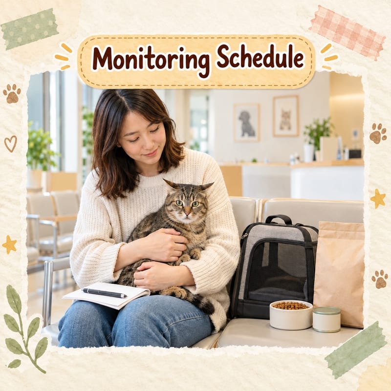 Owner holding a short-haired domestic cat in a veterinary clinic waiting area, with a blood test report and record sheet on their lap, a pet carrier and a food box containing dry food nearby, the cat's ears slightly back looking off-camera, soft white clinic light