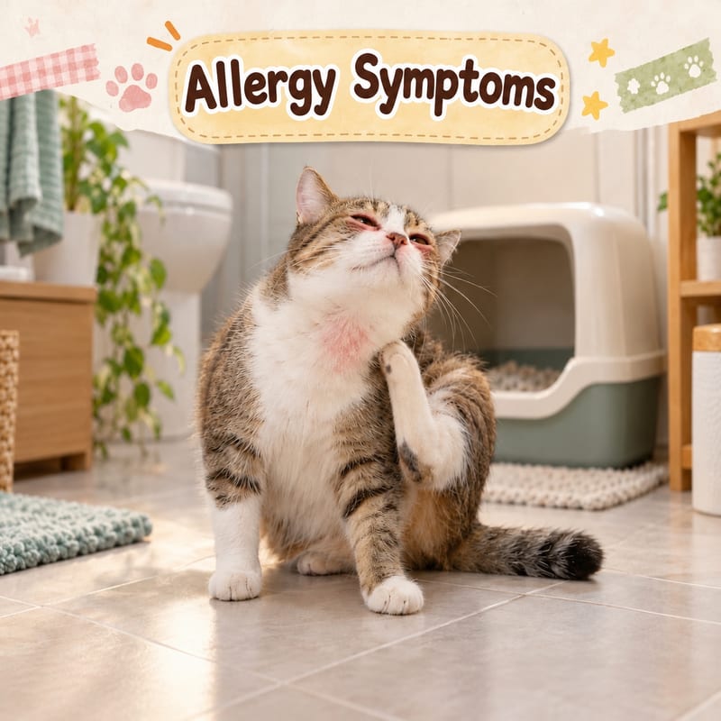Illustration of skin and behavioral signs: fur loss on cat's chin and neck, immediate paw licking after leaving litter box