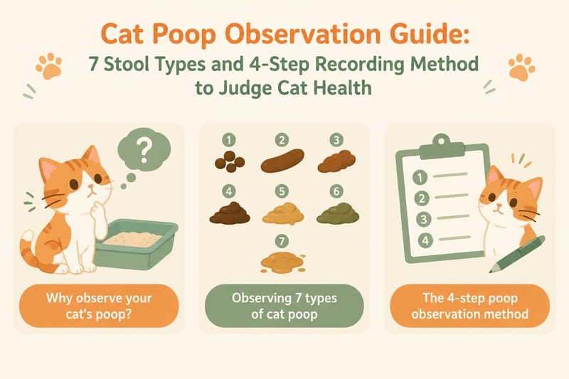 Cat poop observation guide 7 poop shapes 4-step record method to judge cat health infographic 1