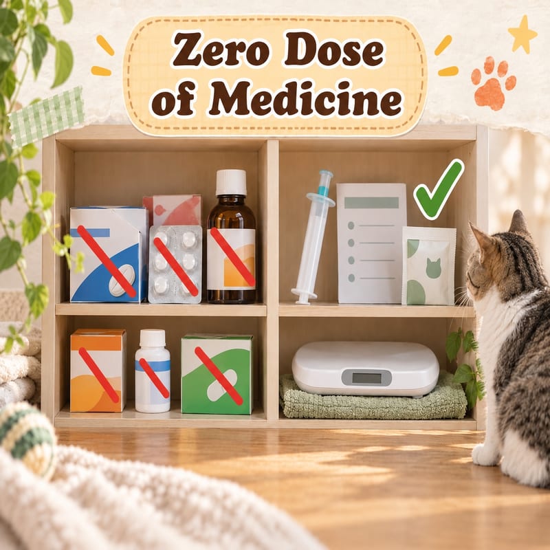 Diagram of a home medicine kit split into two sides: on the left, human medicine bottles and blister packs are crossed out with a thick red diagonal line; on the right are a feeding syringe, record sheet and cat probiotic sachets; a short-haired cat in sitting position looks at the right side