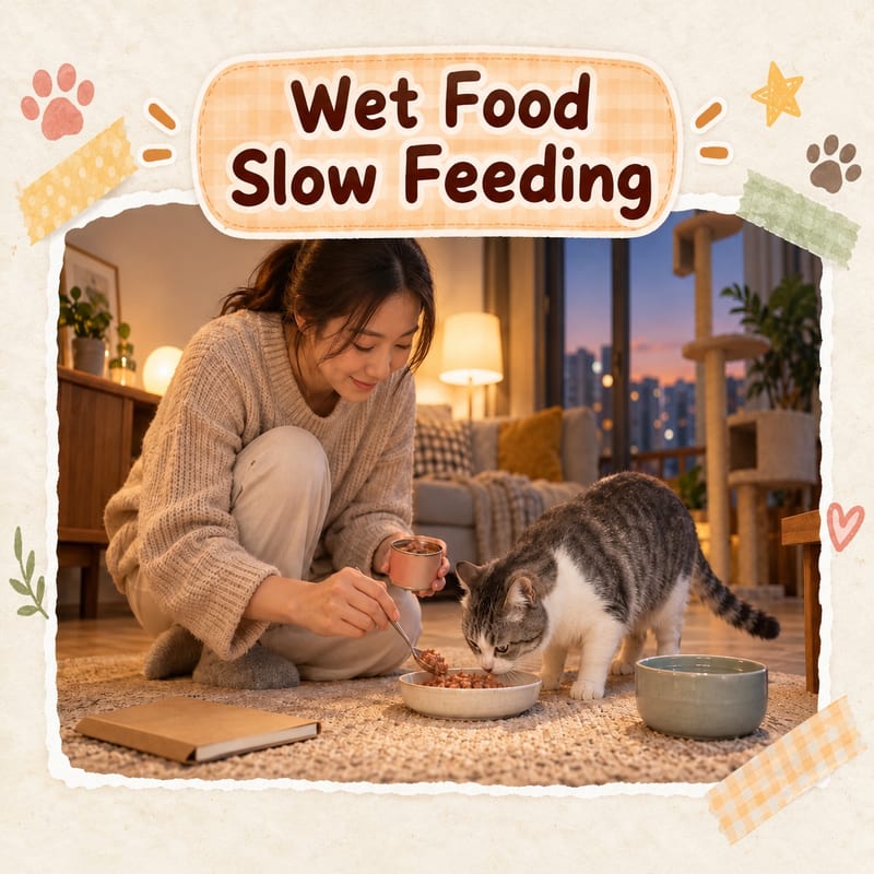 Hong Kong home living room at dusk, owner scooping a small portion of wet food onto a ceramic dish, a grey-and-white tabby cat lowering its head to try it, a water bowl and a small notebook for records nearby