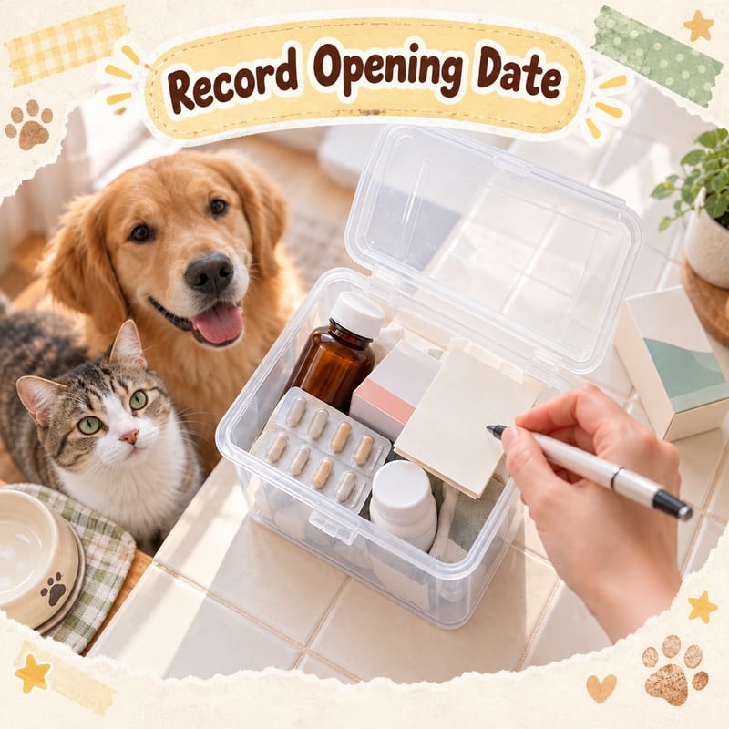 Transparent sealed box neatly holding light-protective bottles, sealed medicine boxes and a small card recording opening dates, lid open