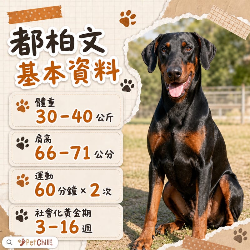 都柏文犬基本資料圖卡，標示體型、體重、運動同性格重點