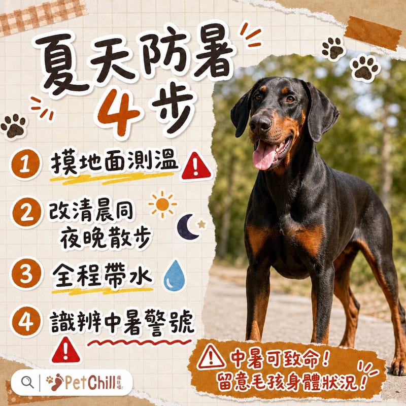 香港夏天帶都柏文外出的防暑示範，包括摸地面測溫同帶水休息