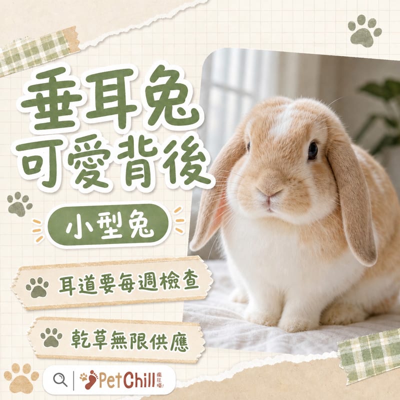 垂耳兔在香港客廳軟墊上休息的場景,旁邊有乾草架與水碗