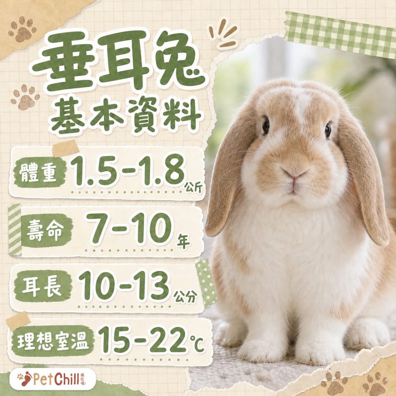 垂耳兔基本資料圖卡,標示體重、壽命、耳道特點與性格
