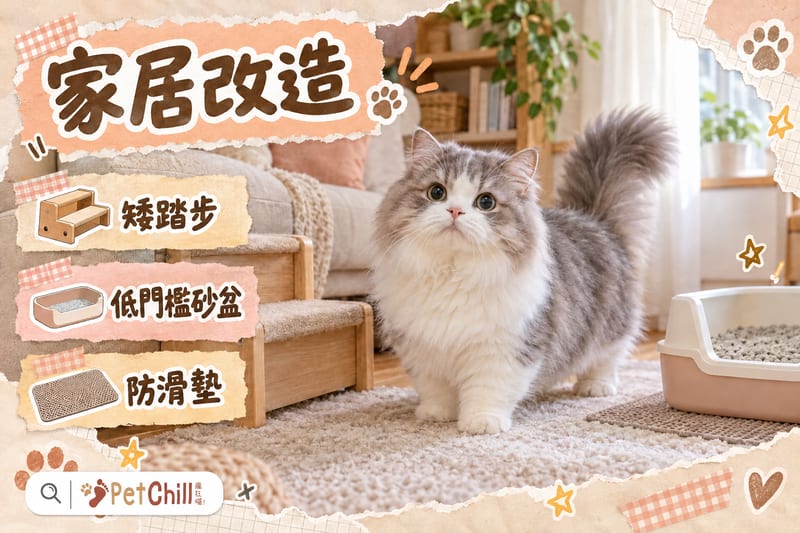 海報插圖:短腿貓身旁有矮踏步、低門檻貓砂盆同防滑墊嘅家居改造示範