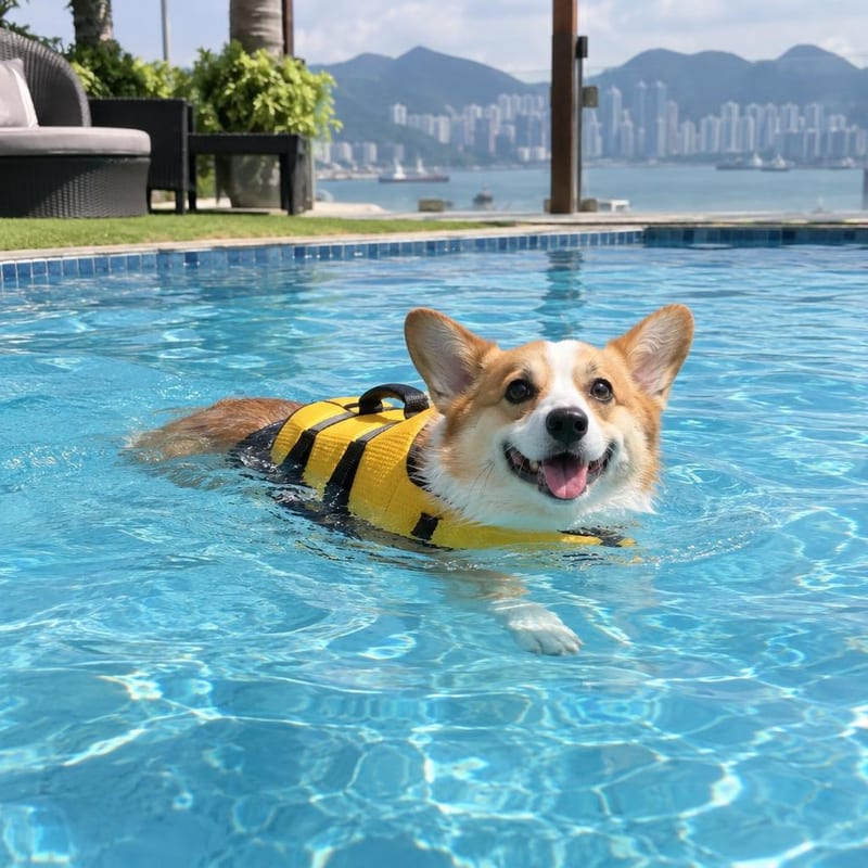 狗狗著救生衣喺戶外泳池游水