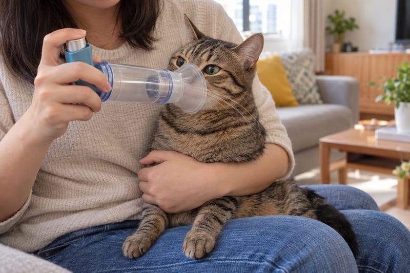 Demonstration of correct use of a cat inhaler with a spacer chamber