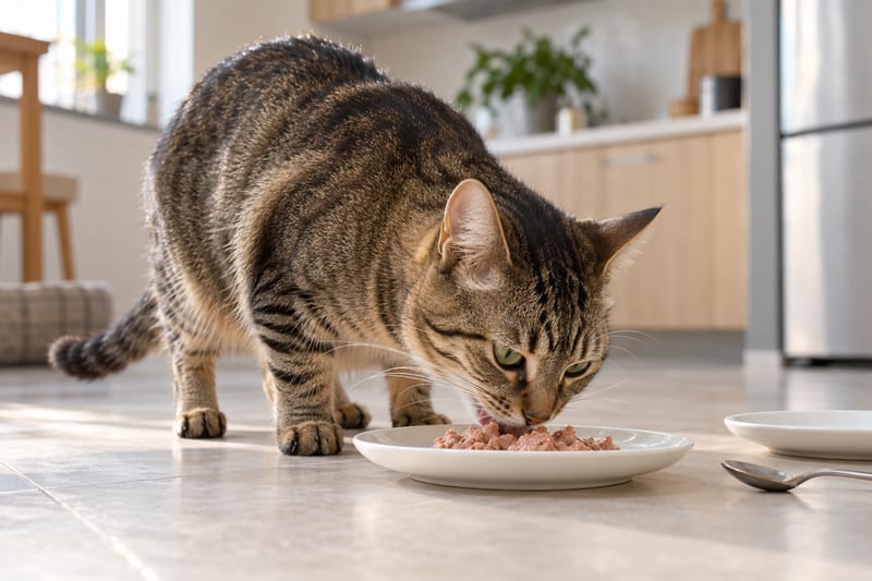 Cat with pancreatitis eating soft meaty wet food to reduce digestive burden
