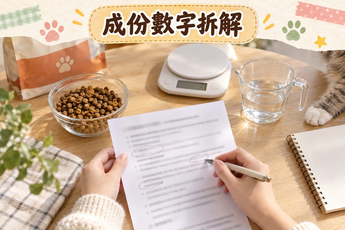 主人喺檯面攤開寵物食品包裝背頁同營養分析表，旁邊放電子磅同記錄紙，用筆逐項圈出蛋白、磷、鎂數字