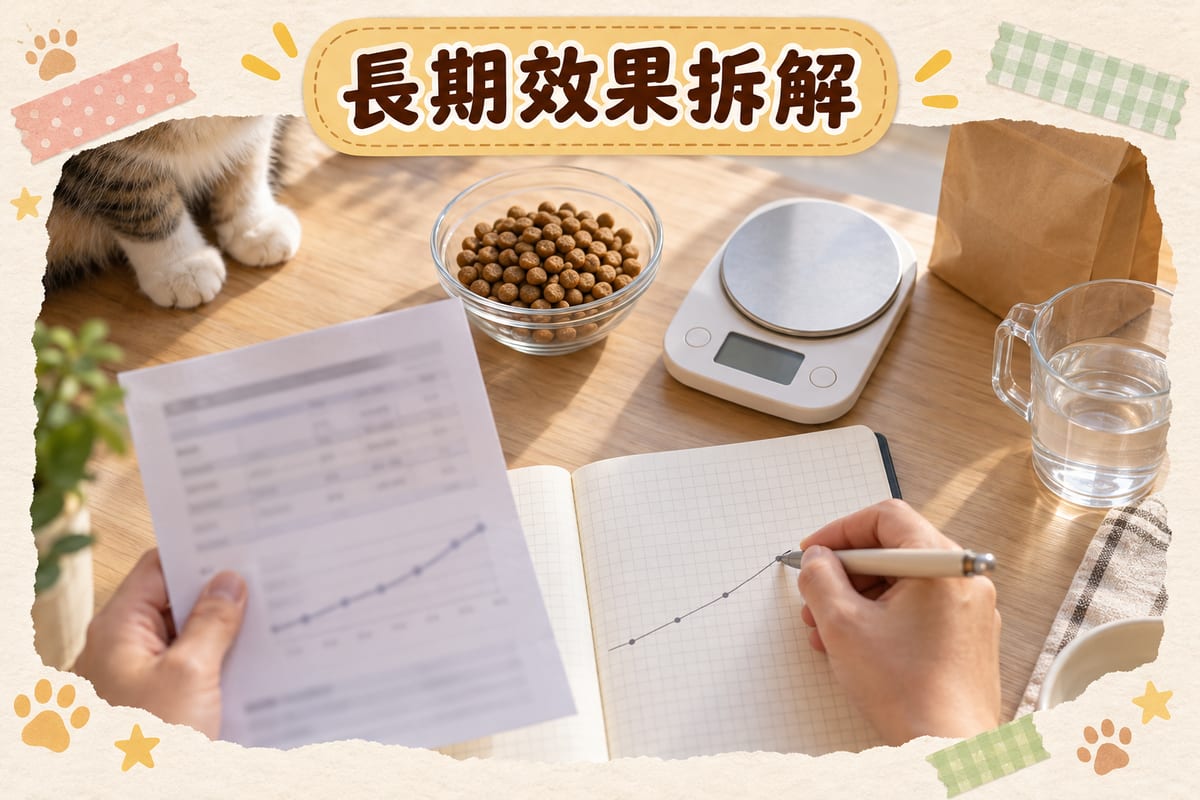 主人喺書檯前攤開一包無標籤嘅貓乾糧背頁同驗血報告，旁邊放電子磅、量杯同一碗乾糧，用筆喺記錄紙上畫趨勢線，短毛家貓坐喺椅邊望住