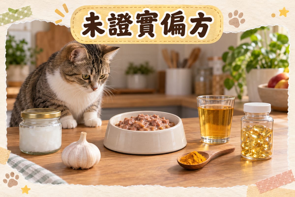主人手持貓碗準備餵食，檯面分開擺放椰子油、蒜頭同薑黃粉等未證實偏方食材
