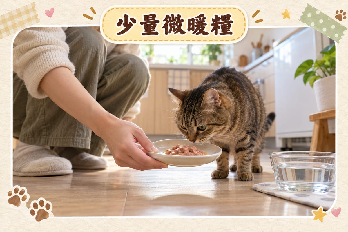 午後陽光斜照廚房地板，短毛虎斑貓低頭嗅住寬淺碟上嘅一小份微暖濕糧，旁邊有刻度水碗盛住清水