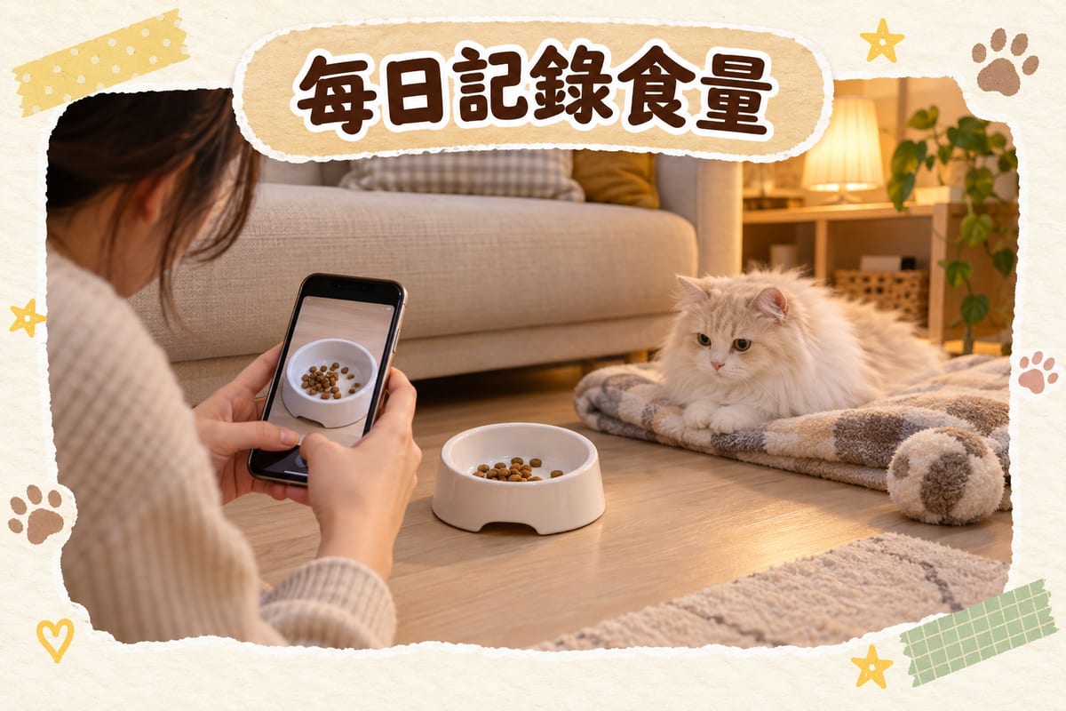 客廳矮梳化旁邊，長毛米色貓蜷喺摺好嘅毛毯上，主人用手機拍攝地上食碗內剩低嘅濕糧