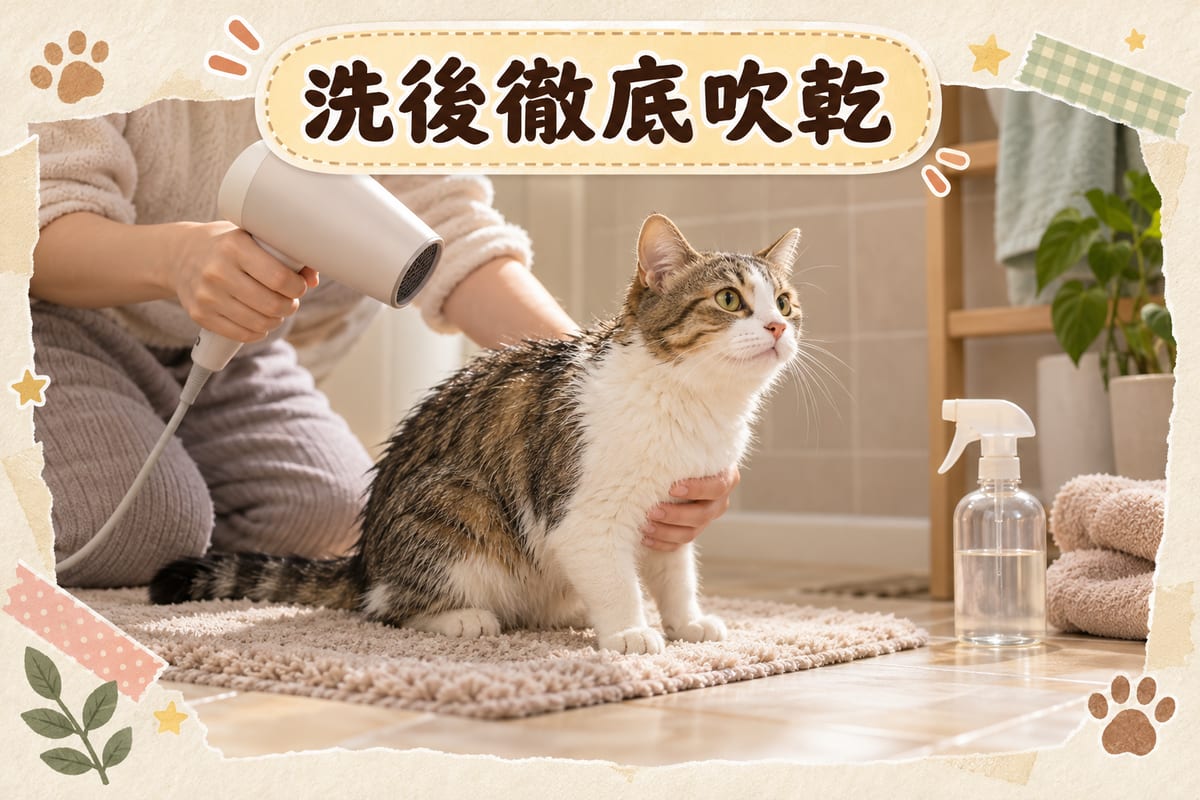 主人喺浴室為短毛貓吹乾背部毛髮,手持風筒設定低溫,旁邊玻璃噴壺內嘅稀釋醋水貼住手寫標籤,毛巾同軟墊放喺米色地磚上,暖色燈光