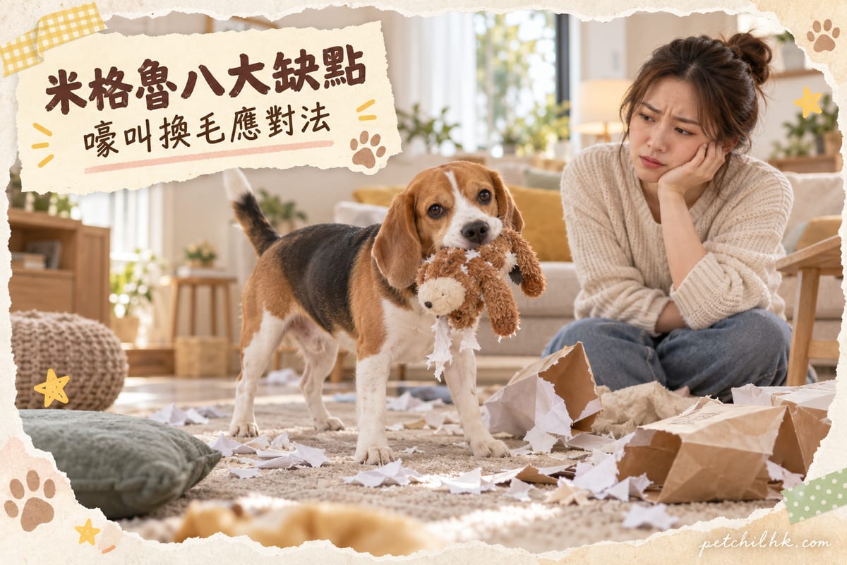 一隻比格犬企喺客廳咬住玩具,周圍散落住紙碎,主人喺旁邊無奈望住