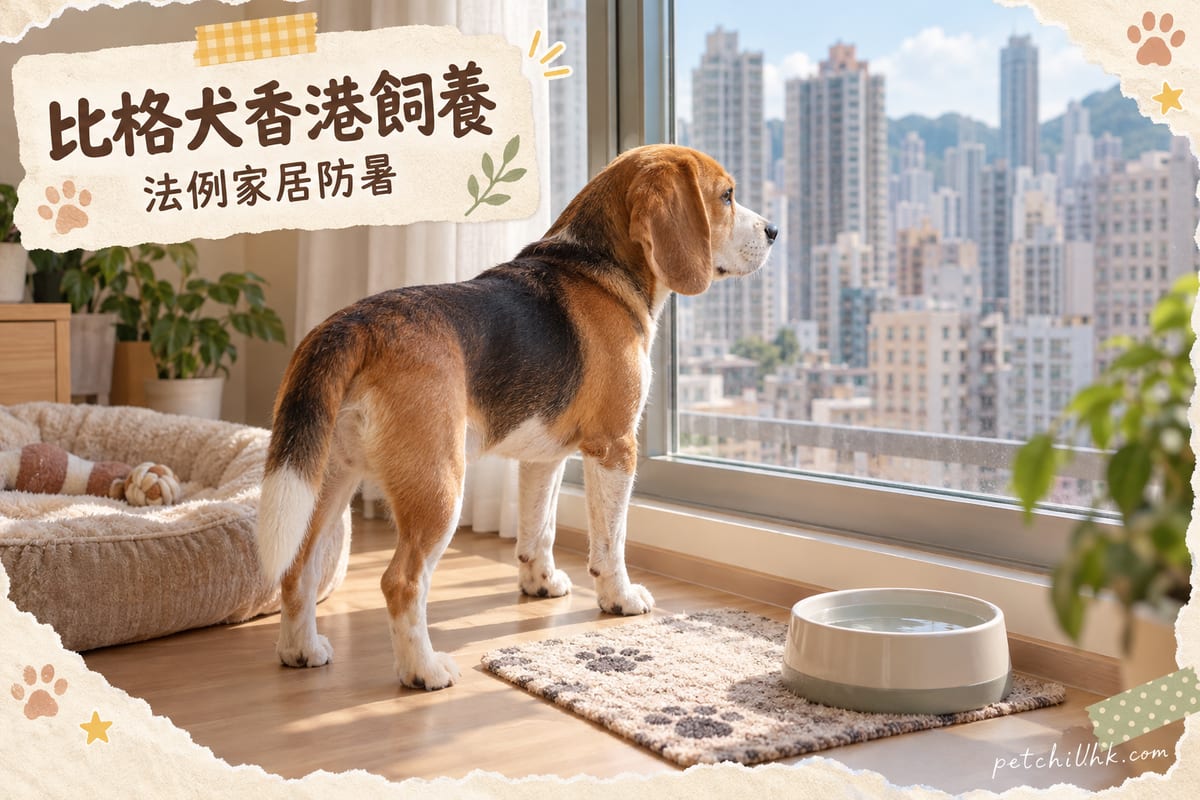 一隻比格犬企喺香港住宅窗邊,望住窗外密集嘅樓宇,室內放住水碗同地墊