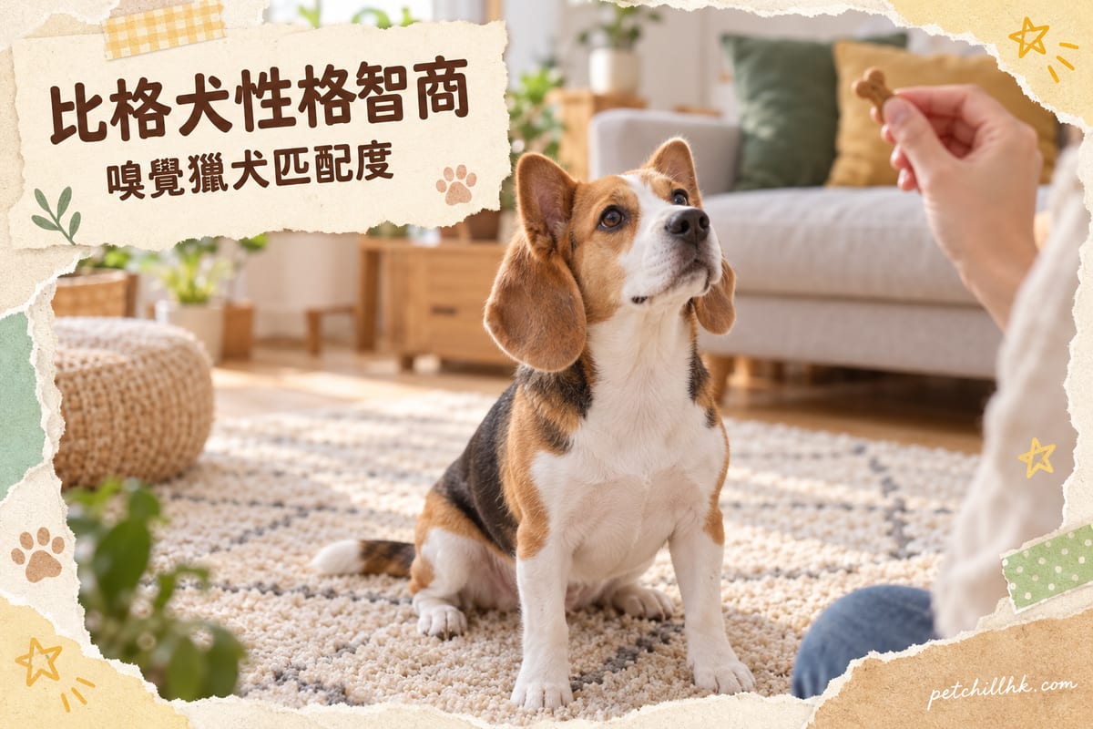 一隻比格犬坐喺客廳地氈上,耳朵豎起、眼神警覺望住主人手中的零食