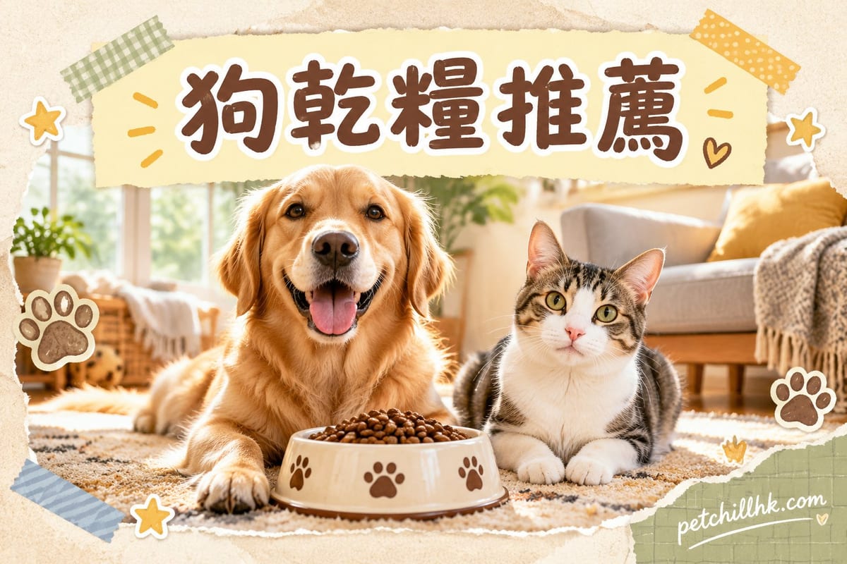 瓷碗盛滿棕色狗乾糧顆粒，旁邊放住成分表清晰嘅乾糧包裝，一隻柯基低頭嗅糧