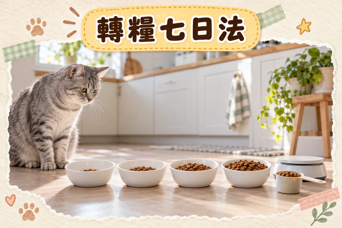 四隻白碗示範七日轉糧比例同每日餵食量