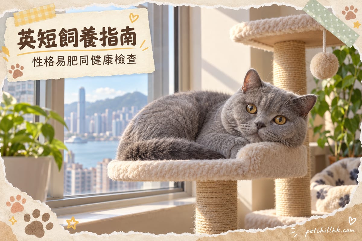 藍色英國短毛貓圓臉大眼，蜷伏在香港公寓窗邊的貓跳台上休息