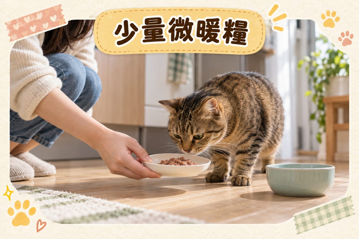 主人蹲喺廚房地下，用寬淺碟放住少量微暖濕糧遞向虎斑貓，旁邊另有一個清水碗