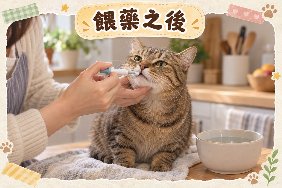 主人用餵藥器將藥丸送到虎斑貓口角,旁邊放住一碗清水