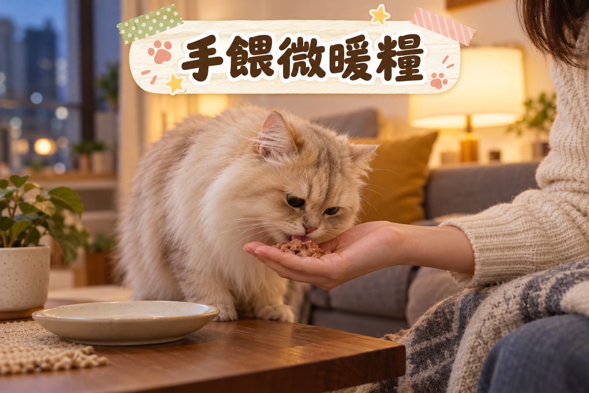 客廳茶几上,主人用手心捧住一小撮微暖濕糧,長毛貓低頭舔食