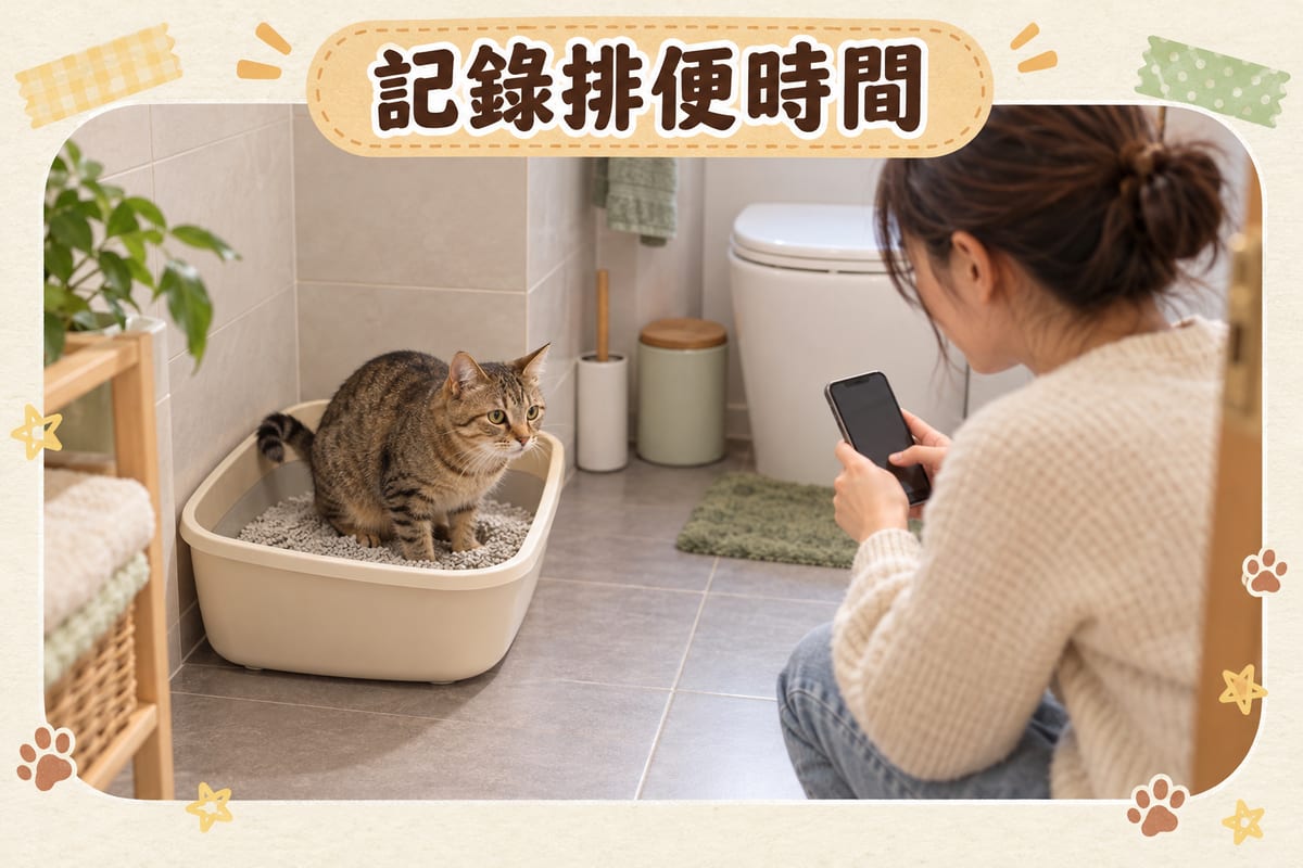 貓咪食藥後蹲喺貓砂盆旁，主人用手機記錄排便時間同糞便形態