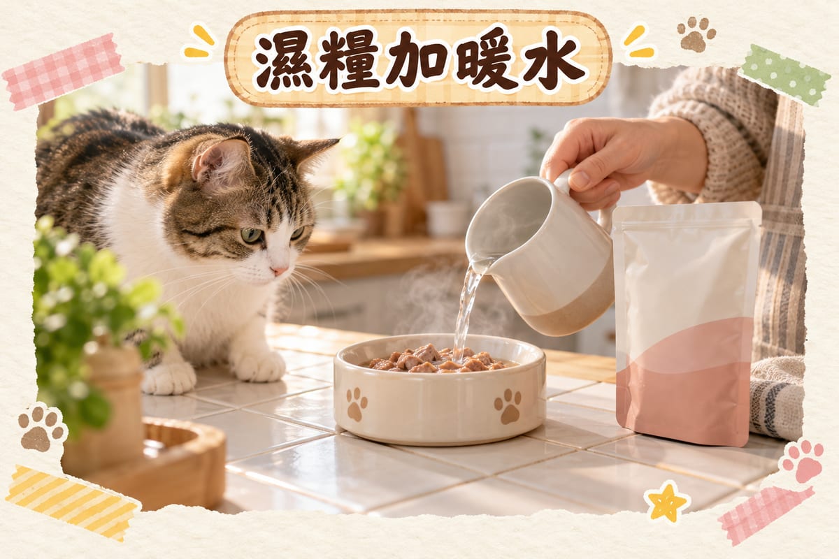 主人將暖水倒入貓咪嘅濕糧碗，旁邊放有標示腸胃敏感嘅貓糧包裝