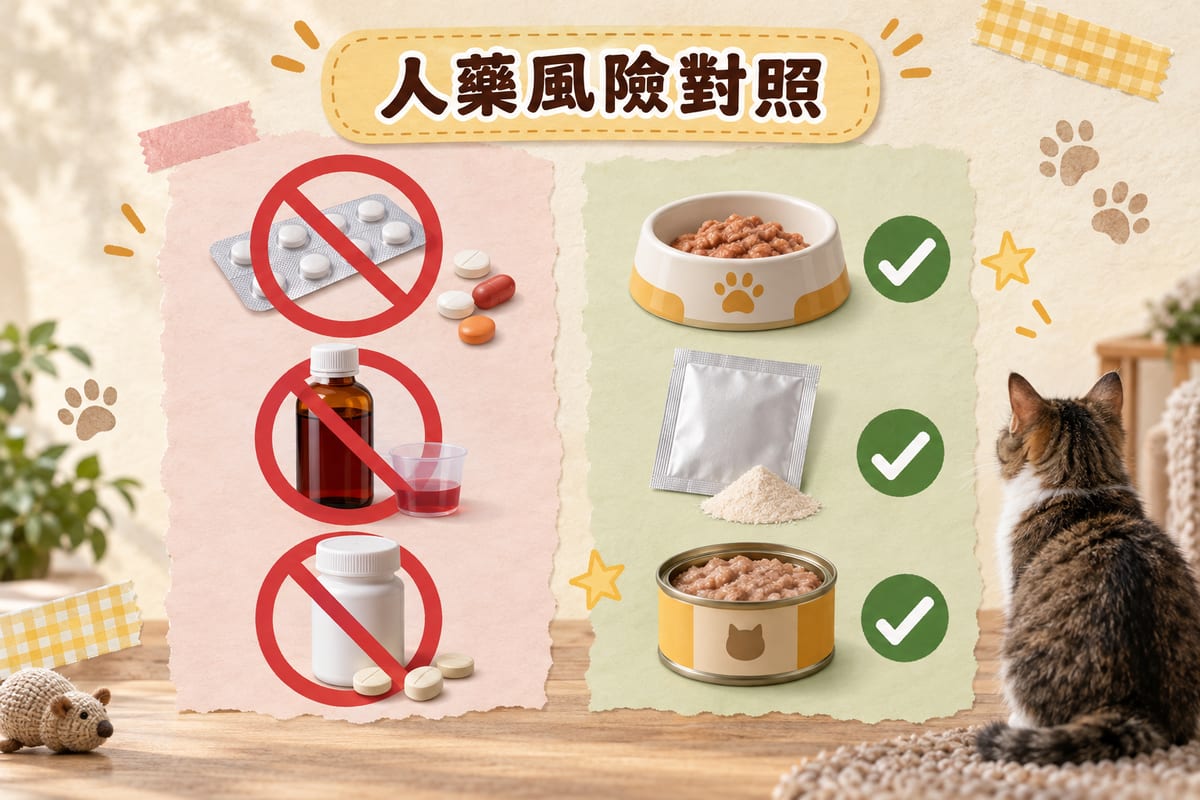 人用止瀉藥同家居偏方對貓嘅風險對照，由洛哌丁胺到含樟腦成藥逐項標示