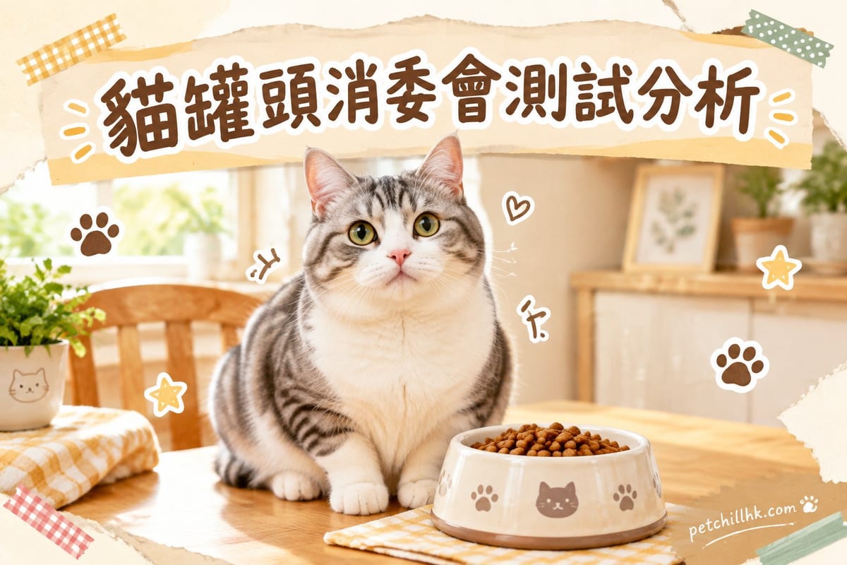 主人手拿貓罐頭對照成分標籤，枱面放住消委會報告影印本，家居廚房場景