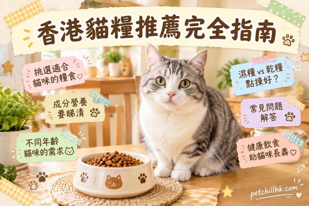 幾款貓糧包裝排列喺家居地板,一隻虎斑貓企喺糧碗前面仰望,光線溫暖