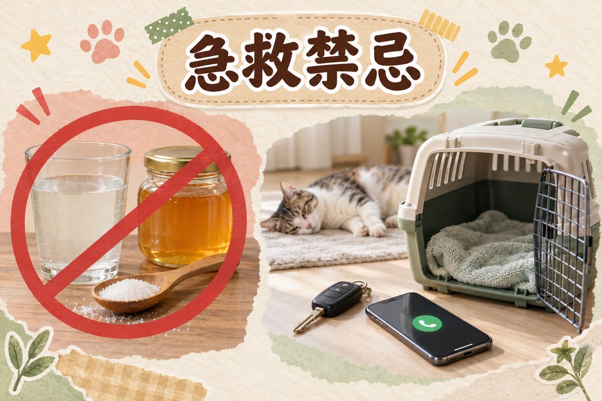 貓咪低血糖急救常見錯誤示意：糖水同蜂蜜唔應該餵入口，正確做法係即時用貓籠送去獸醫診所