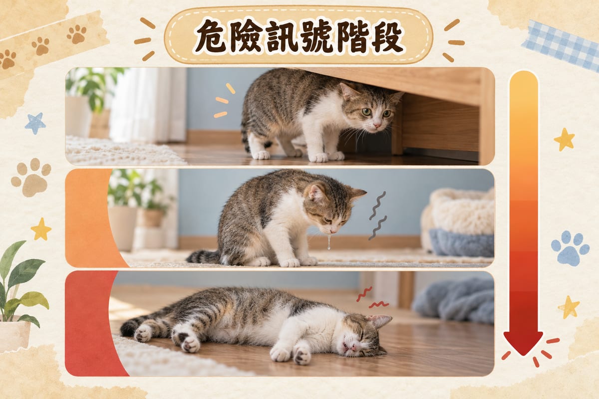 貓咪低血糖三階段訊號對照示意，由早期精神轉差、中期站唔穩到嚴重抽搐昏迷逐級排列