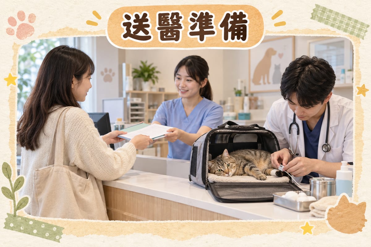 主人喺獸醫診所登記處交低胰島素紀錄紙同藥物清單，獸醫助手即時為側躺嘅短毛家貓戴上監測儀器