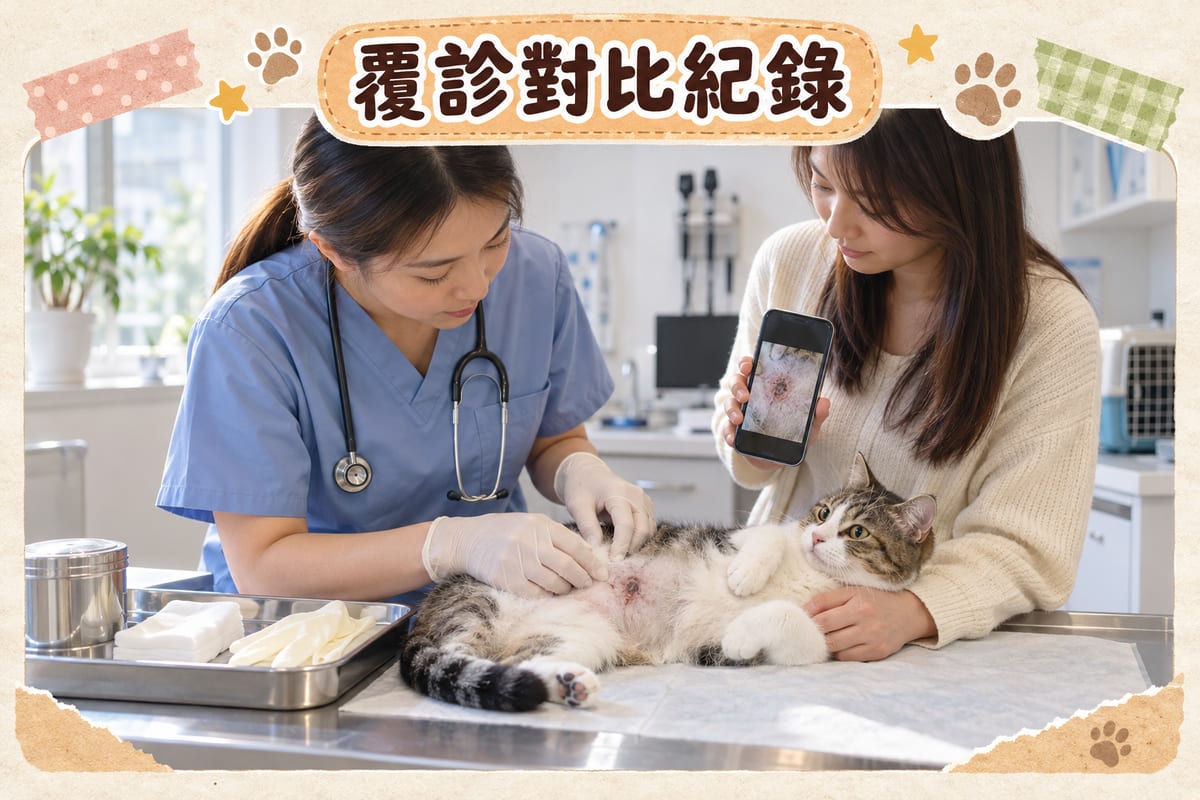 獸醫診所診症室內，獸醫檢查貓咪腹部傷口嘅結痂情況，主人手持手機對比之前嘅紀錄相片