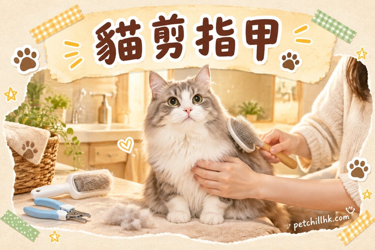 主人輕輕握住一隻虎斑貓嘅前爪，用貓專用指甲鉗修剪指甲尖端