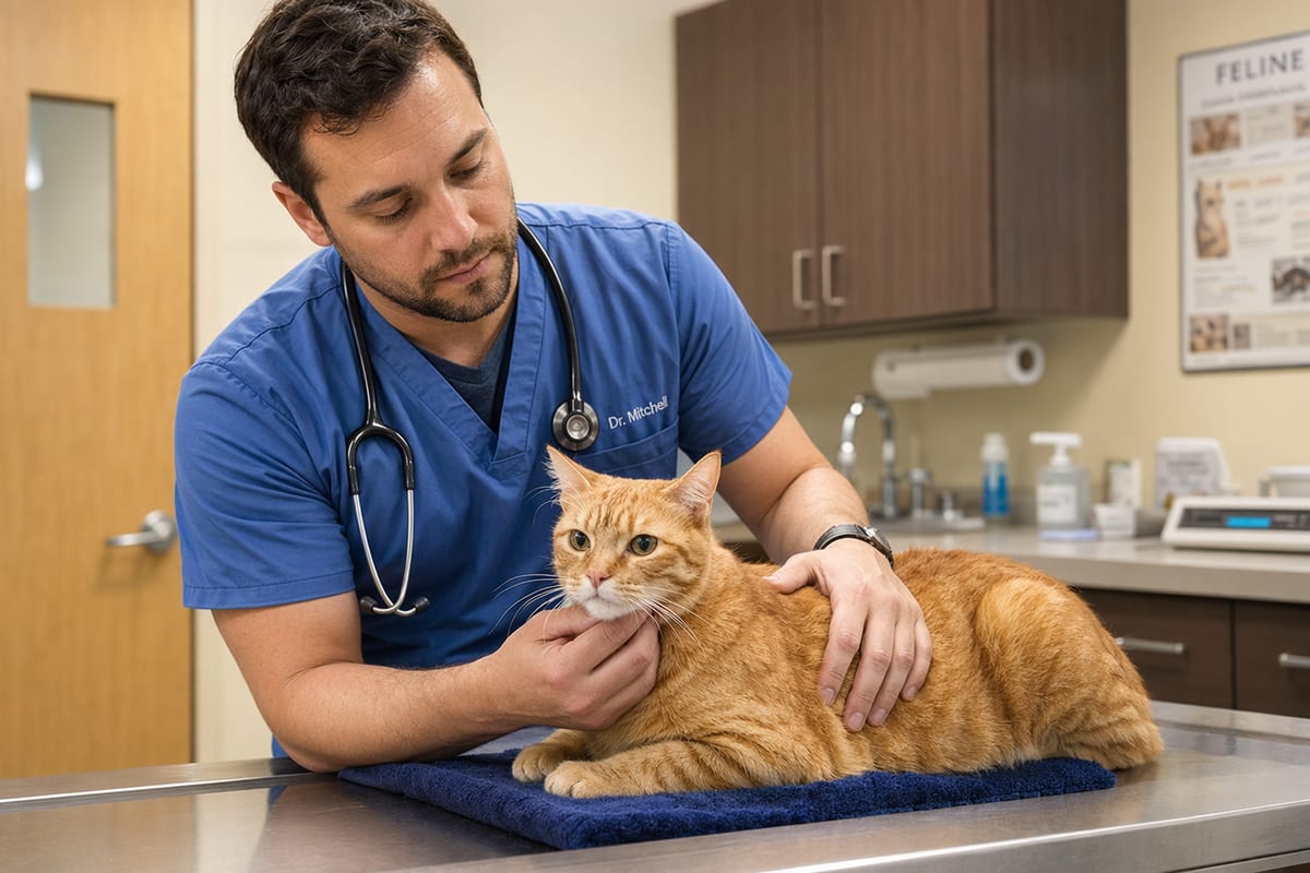 戴住伊麗莎白頸圈嘅虎斑貓靜靜瞓喺家中氈上,絕育術後休養