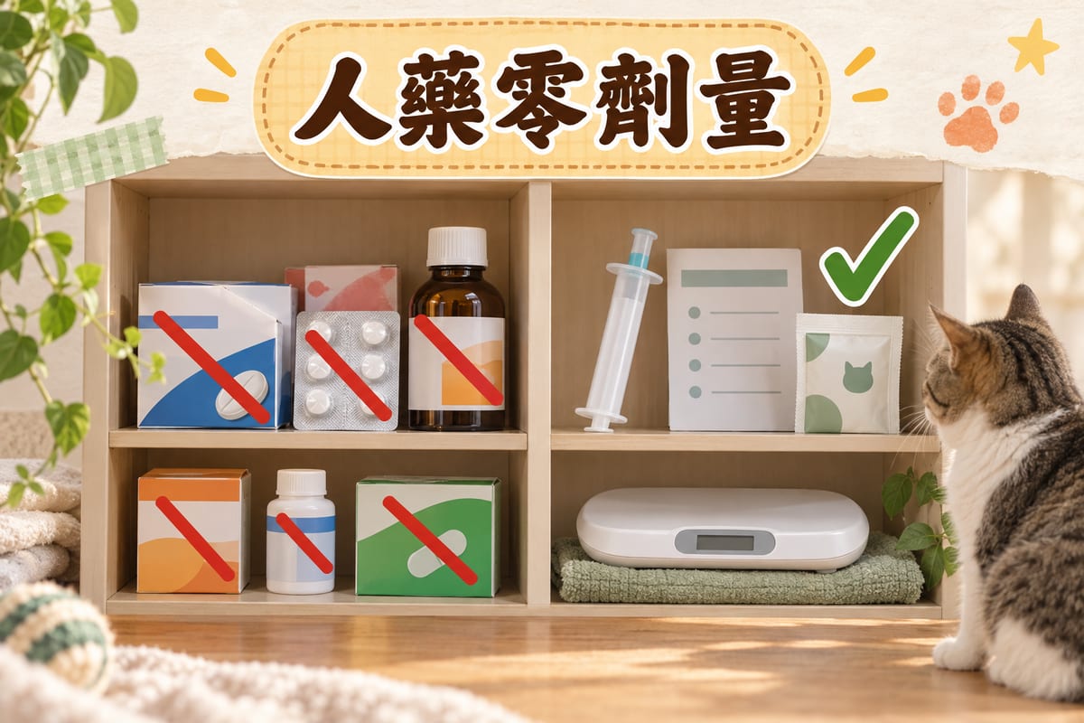 家庭藥箱分成兩邊嘅示意圖，左邊人用藥樽同藥板被粗紅斜線劃走，右邊放住餵水針筒、記錄表同貓用益生菌粉包，一隻坐姿短毛貓望住右邊