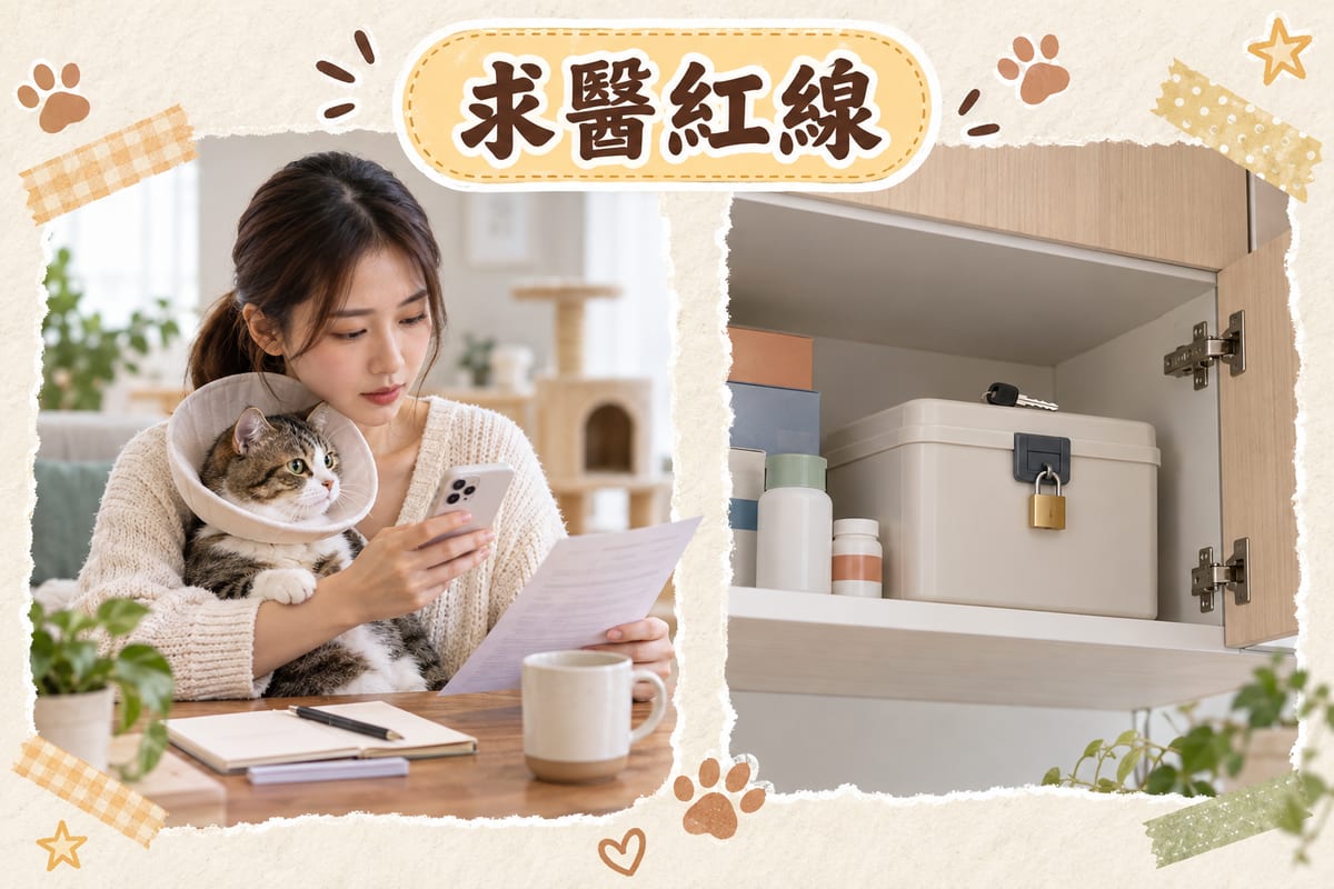貓咪求醫紅線示意，主人抱住戴住軟身頭罩嘅短毛貓，另一手拎住手機同記錄紙，背景係已上鎖嘅家用藥箱同放喺高層櫃頂嘅藥袋
