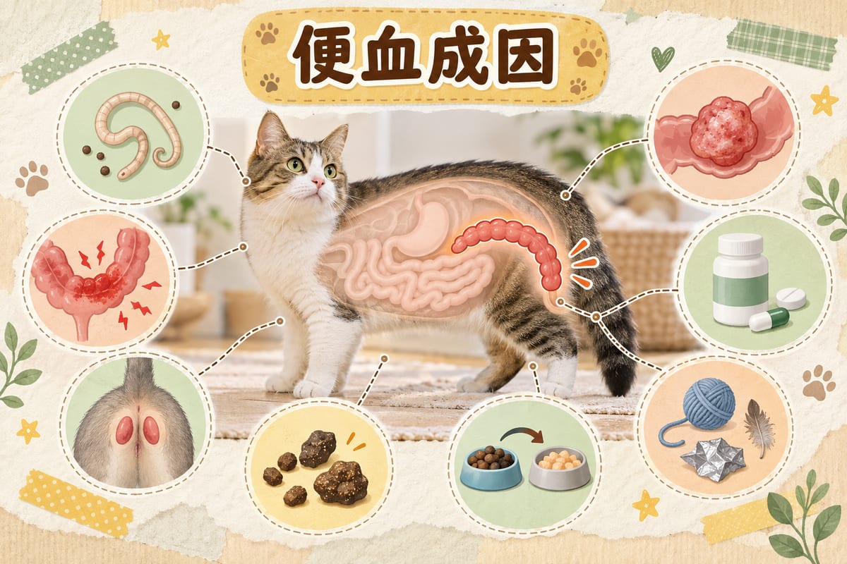 貓咪血絲黏液便成因示意,由寄生蟲、大腸炎到異物逐項對照