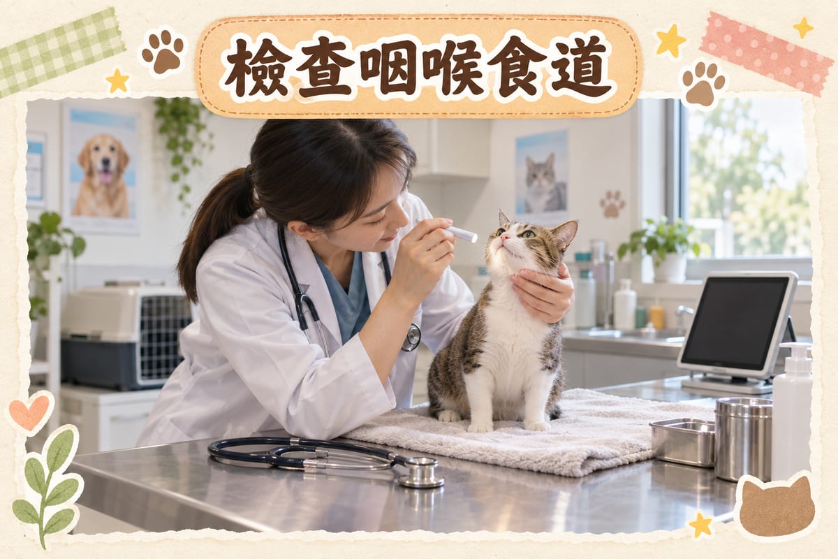 獸醫診所內一位獸醫用手輕托短毛家貓下巴檢查咽喉,診療枱上放住聽診器同手電筒,旁邊一部平板電腦正播放主人拍攝嘅吞嚥影片