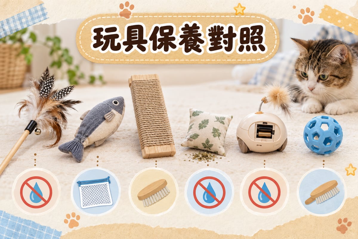 六類常見貓玩具並排展示清潔保養方法對照,包括羽毛逗貓棒、布絨魚形玩具、劍麻繩貓抓板、貓薄荷玩具、電動玩具同橡膠球